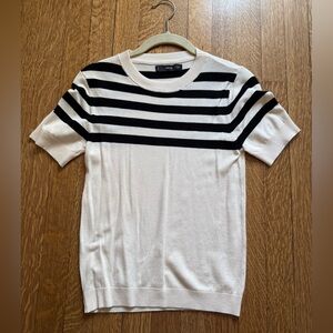 Mango Black and White Striped Short Sleeve Sweater Top